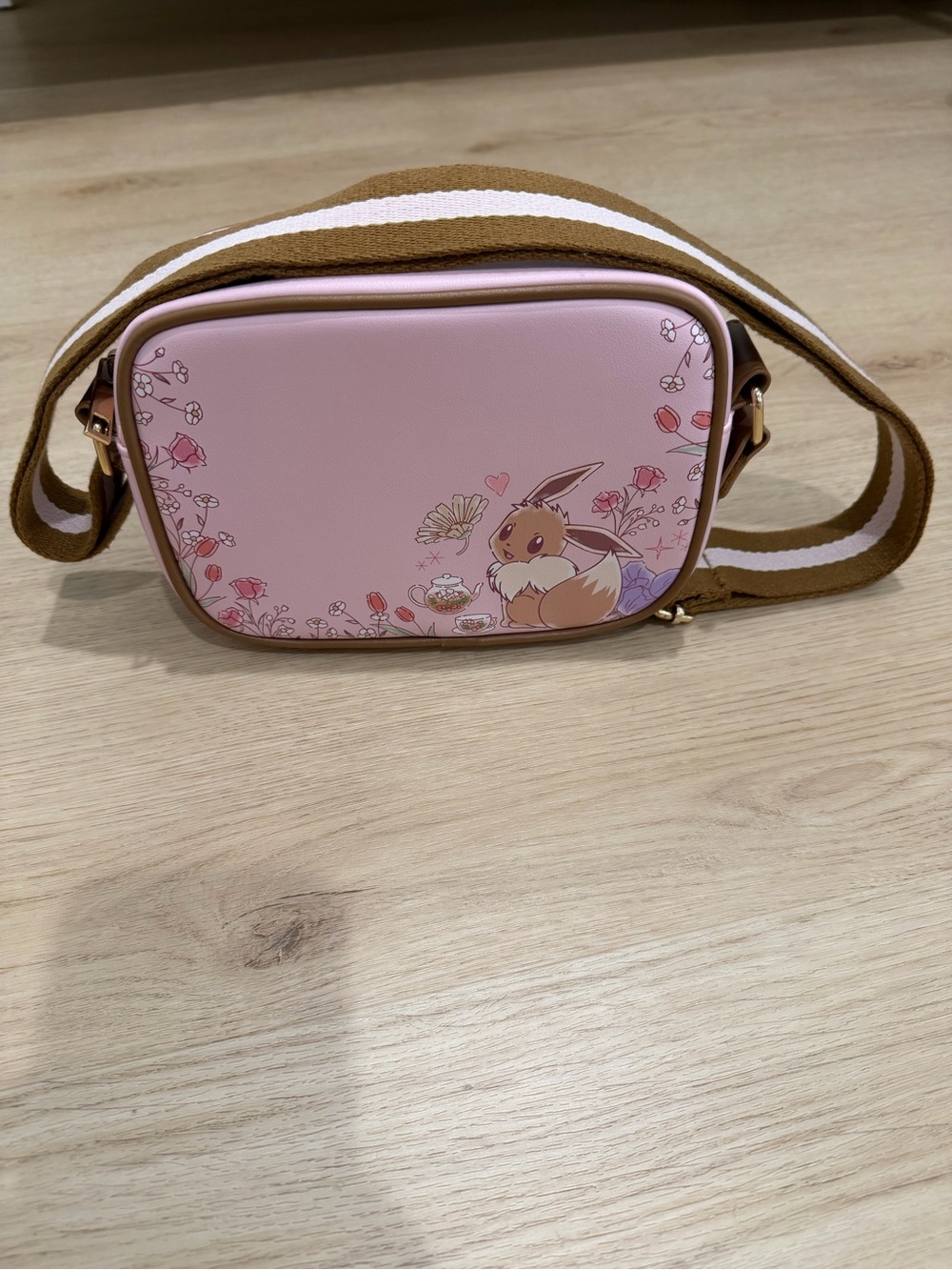Pokemon Pink Eevee Floral Crossbody Bag with Brown Strap